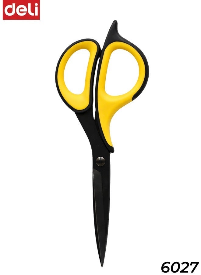 ديلي مقص مكتبي مريح من ديلي 6027 بطول 184 مم، شفرة سوداء منحنية من الفولاذ المقاوم للصدأ، مقبض مطاطي ناعم، مقص متعدد الاستخدامات شديد التحمل لقص الورق والقماش والجلد وفنون الزهور، مناسب للاستخدام في المدارس والمنازل والمكاتب - Image 1